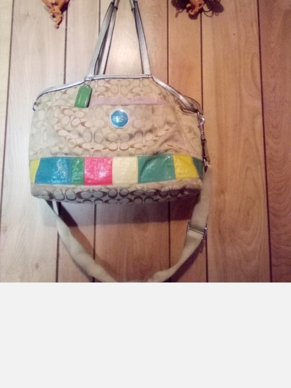 Coach Beige Signature Satchel with Multicolor Block Trim.Used Condition